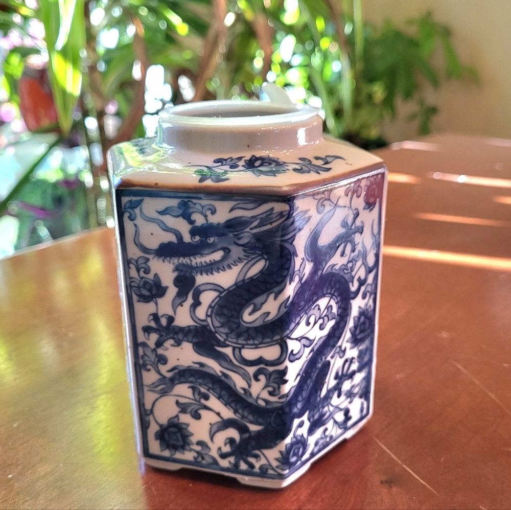 Vtg Seiryu Toscany Collection Blue Flow Hexagon Tea Jar Floral Dragon No Lid